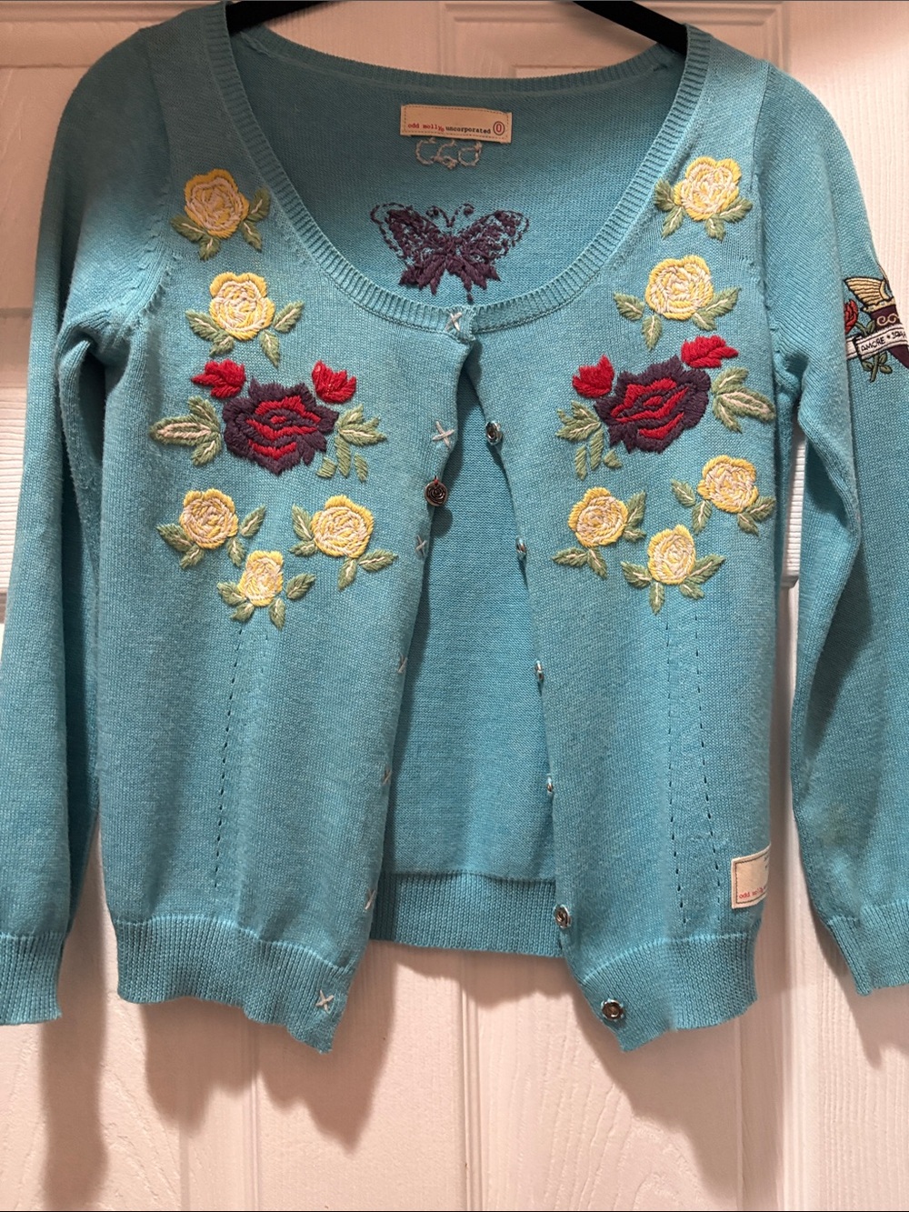 Odd Molly XS women’s Embroidered Teal Floral Cardigan Sweater
